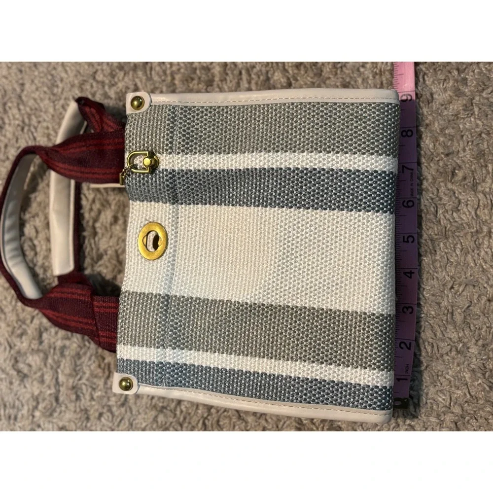 Striped‎ Canvas Tote Bag Burgundy Straps Gold Hardware Women's Shoulder Bag